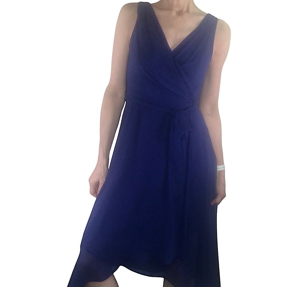 DKNY Cobalt Blue Faux Wrap Dress Sz US 2 Cocktail V Neck Sleeveless Chiffon